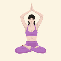 Woman with black hair, white skin and purple clothes, doing yoga lotus pose. Flat vector illustration