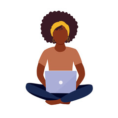 Young black woman using laptop computer sitting in lotus pose with crossed legs isolated on white