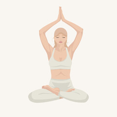 Woman with blond hair, doing yoga lotus pose. Flat vector illustration. Desert style