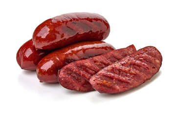 Grilled sliced pork Sausage with herbs. Isolated on white background