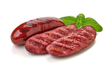 Grilled sliced pork Sausage with herbs. Isolated on white background