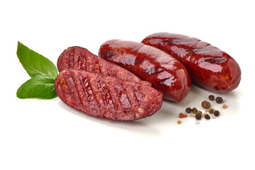 Grilled sliced pork Sausage with herbs. Isolated on white background