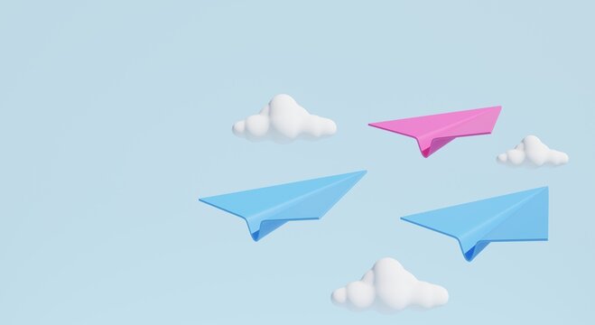 minimal 3d cartoon paper plane with clouds paper airplane in the sky Send an email or message idea. Social media 3D rendering