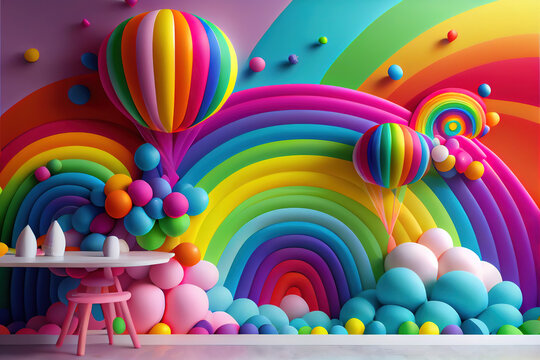 Birthday greeting or anniversary party in motion with full of colorful balloons with rainbow colors , use it as a background or greeting or setup party room.  Generative ai    