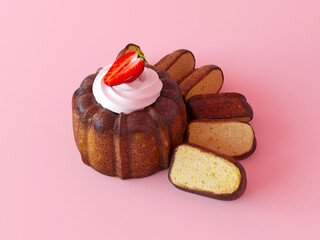 Bundt with slices. Chocolatte cupcake with whipped cream, fresh strawberry on pink background....