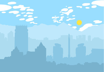Almaty Vector illustration of city skyline. City landscape with mountains. Daytime cityscape in flat style.