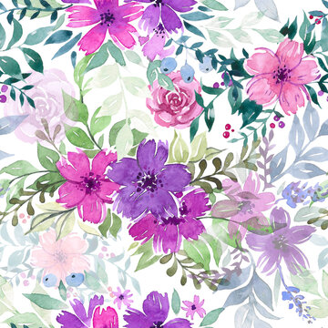 Hand drawn watercolor seamless pattern with flowers and leaves. Floral botanical illustration, print for design use, product design. Pink and purple colors. Spring, bouquet