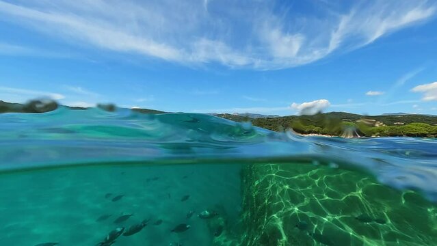 Santa Giulia coastline and beach in Corsica island, France. Half underwater shot with submerged rock and swimming fish. Slow motion at 50fps