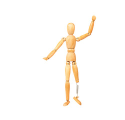 wooden figurine of a man with a prosthetic leg isolated on white background
