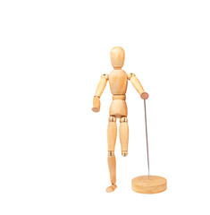 wooden figurine of a man without a leg on a white background