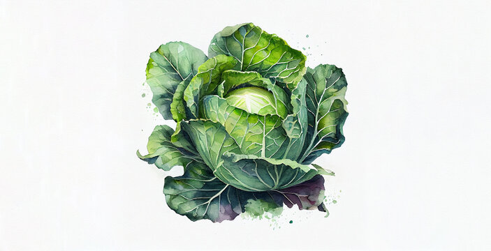 Green Cabbage. Color watercolor on white paper background. Illustration of vegetables and greens.