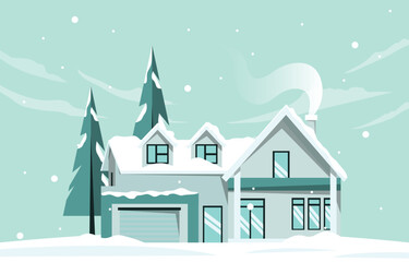 House Home Pine in Snow Fall Winter Illustration