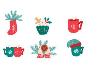 Christmas mug hot cocoa vector illistration set. Cute cartoon hot chocolate mug, elf hat, marshmallow, red socks, evergreen.