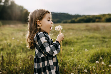 Girl blowing dandelions, wearing a dress, on a summer day in a field.