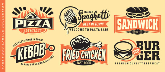Fast food stickers and labels collection for diner restaurant or cafe bar. Vector menu with lettering and various meals. Burgers and pizza symbols, spaghetti, fried chickens and sandwich graphics. 