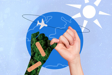 Collage photo poster of little fingers save planet concept stop air pollution global warming...