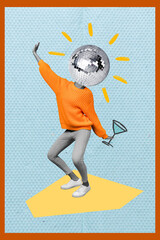 Vertical collage illustration of excited person disco ball instead head drawing cocktail glass hand...