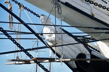 figurehead of a historic tall ship museum docked in the harbor