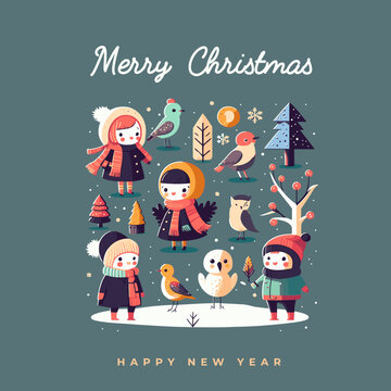 Merry Christmas Happy New Year Greetings Card Invitation Banner flat vector