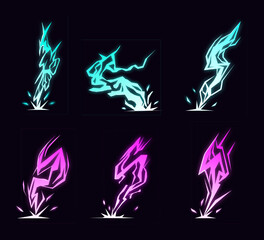 Lightning animation set with sparks. Cartoon lightning effect. Thunderbolt strike comic sprite asses for 2D game . Purple color splash animation for game, cartoon, motion or something else.