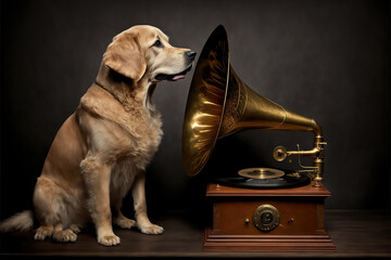 Generative AI : a dog listening to music on a vintage gramophone record