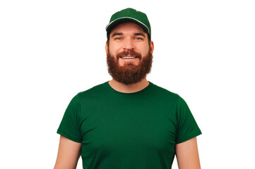 Studio portrait of a handsome bearded man is wearing courier green uniform with a cap.