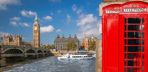 Obraz na płótnie Canvas London symbols with BIG BEN and red Phone Booths in England, UK