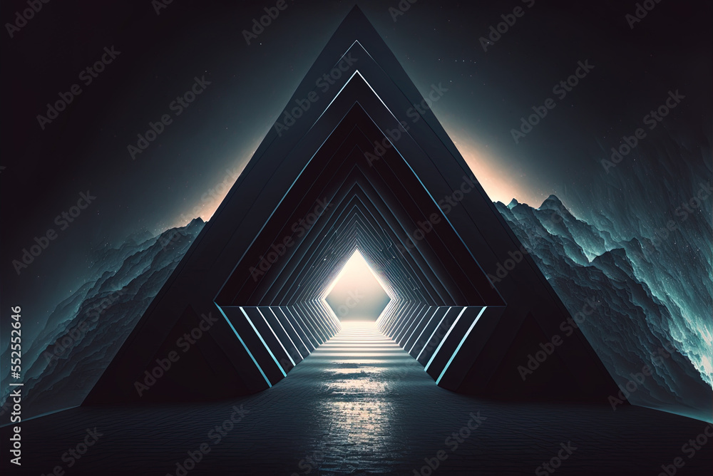 Poster triangular pixelated tunnel corridor in the future generative ai