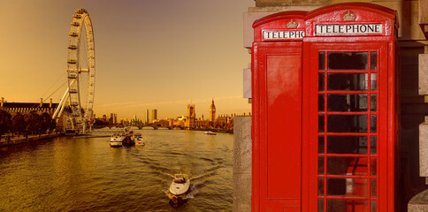 London symbols with BIG BEN and red Phone Booths in England, UK - obrazy, fototapety, plakaty