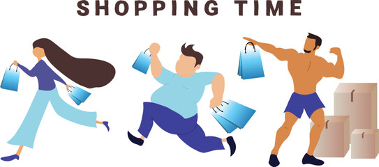 People shopping and running. Crowd running with shopping paper bags. Men and women purchasing on sale. Store, mall discount season vector illustration. Characters buying goods