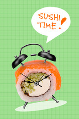 Artwork magazine collage picture of ringing roll clock telling sushi time isolated drawing...