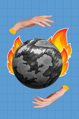Exclusive magazine picture sketch collage image of arms tacking care heating planet isolated...