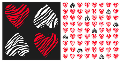 Set of seamless patterns with zebra stripes hearts in dark gray and red colors. Abstract animal zebra skin print for textile, paper, cover, fabric, interior decoration. Eps 10 © Bozena Fulawka