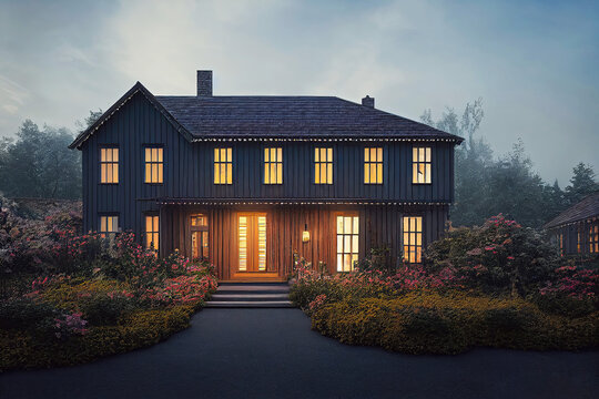 Old Swedish house illuminated in the evening as exterior design (Generative AI)