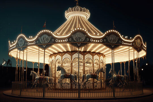 Generative AI : A French carousel spinning and glowing with lights at a local fair