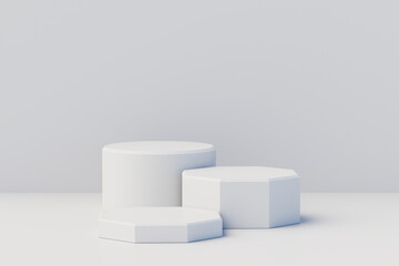 Geometric step white pedestal podium platform for cosmetic product presentation.Mock up design empty space. 3d illustration