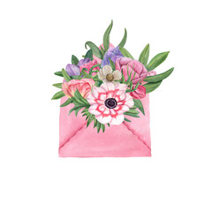 A bouquet of watercolor anemone in a pink envelope. Illustration isolated on white background. For Save the date, Valentine's day, birthday and mother's day cards, wedding invitation, postcard, decor