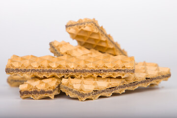 Wafers with chocolate close up view, selective focus.