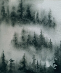 Fog in the spruce forest. Beautiful mysterious landscape in watercolor. Vector illustration hand-drawn. Design of background, cover, template, postcard, photo wallpaper, book illustration.