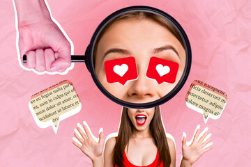 Collage photo of young excited woman wear red singlet raise palm up magnifying glass eyes like...