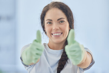 Thumbs up, woman and happy for success of cleaning service, motivation and like emoji in Russia....