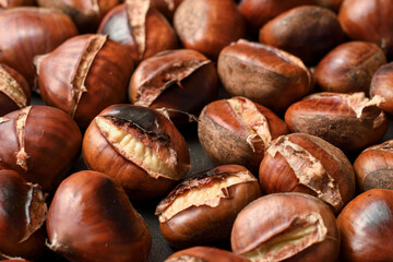 hot cooked chestnuts on pan