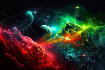 Obraz na płótnie Canvas illustration on the theme of life in space with super bright colors and planets and stars