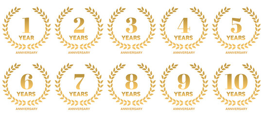 anniversary label PNG. Gold laurel wreath for anniversary celebration from one to ten years PNG. PNG image. - obrazy, fototapety, plakaty
