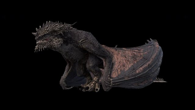 Realistic Dragon Idle Animation isolated on a black background.effect background footage motion graphics overlay 4K drag and drop editing software supporting blending modes ProRes 4444 codec , 25FPS.