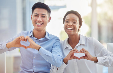 Portrait of diversity team with heart sign for corporate care, business solidarity or staff...