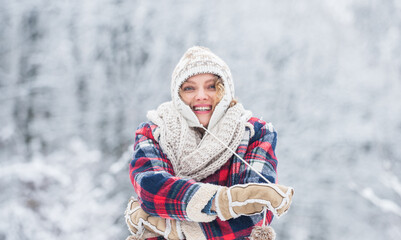 Fototapeta premium best place to feel freedom. woman enjoy winter landscape. girl relax in snowy forest. female casual style. my favorite season. happy weather. full of energy. winter holiday and vacation