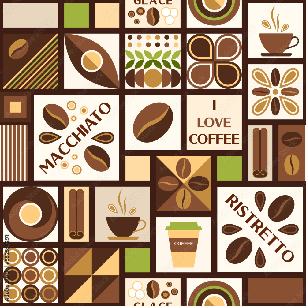 Leinwandbilder coffee theme background with design elements in simple geometric style. seamless pattern with abstra