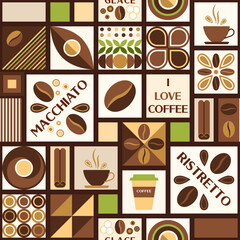 Coffee theme background with design elements in simple geometric style. Seamless pattern with abstract shapes. Good for branding, decoration of food package, cover design, decorative print, background