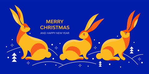 Merry Christmas and happy New Year horizontal banner in geometric minimalism style. Chinese zodiac Rabbit symbol. Group of cute hares in winter forest among snowdrifts and falling snow. Lunar new year